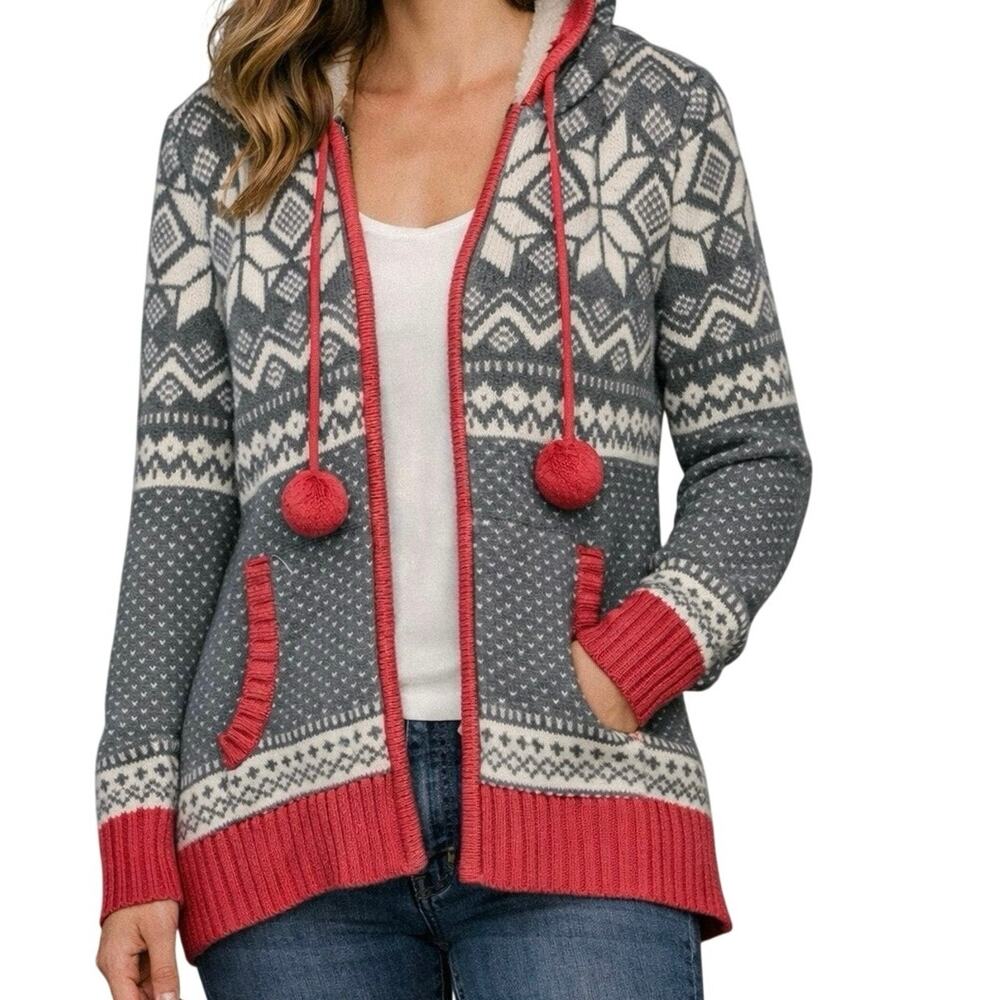 Between Me & You Nordic Fair Isle Hooded Cardigan Pom Pom Sweater Wool Blend